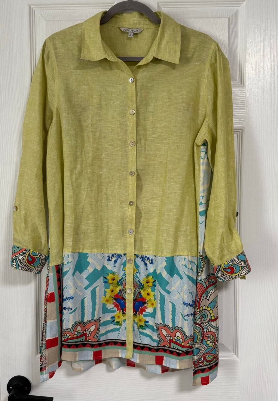 John Mark Women's Linen Paisley Roll Tab Sleeve Tunic Top Size Large